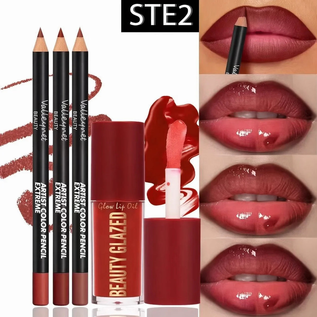 Lip Liner and Glaze Set with Three Liners and One Lip Glaze, Four-Piece Lip Makeup Kit in Three Numbered Options for Everyday Outlining and Evening Looks