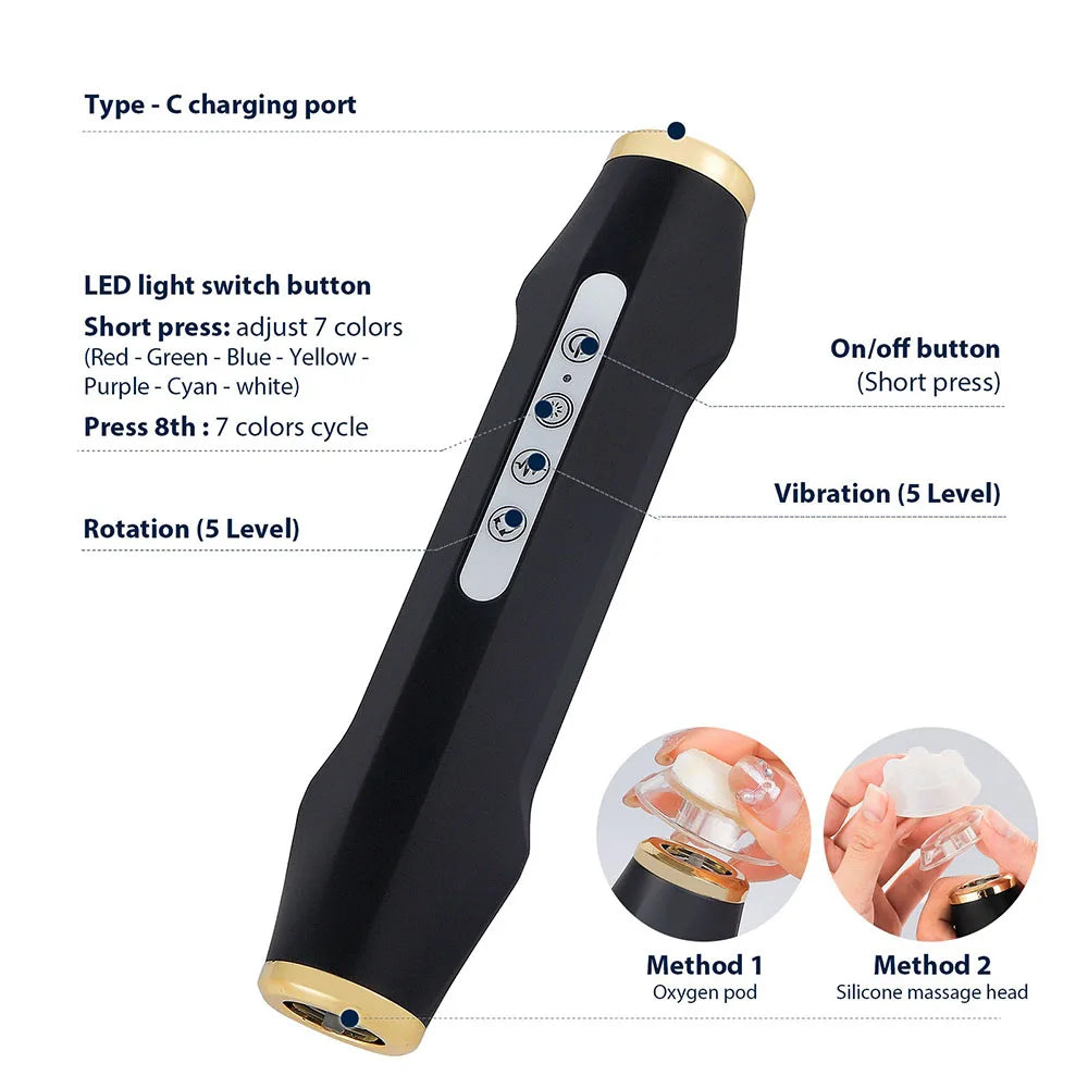 Facial Bubble Pen Machine Only with Five Vibration and Spin Levels, Eight LED Modes, White or Black Handheld Device, Care Kit Sold Separately