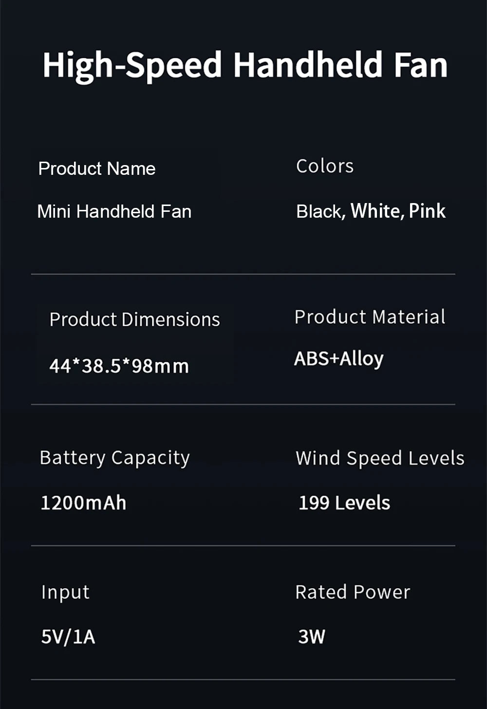 Digital Display Handheld Fan with USB Rechargeable Design, Listed 1-199 Speed Settings and Dual-Mode Flashlight in Black, White or Pink for Travel and Desk Use