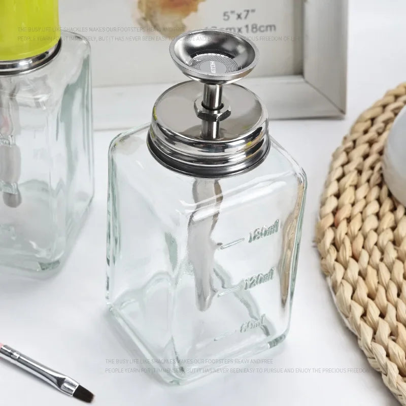 Glass Nail Liquid Pump Bottle 180ml, Empty Press-Top Dispenser for Compatible Manicure Cleansing Liquids and Nail Polish Remover at Home or Salon Stations