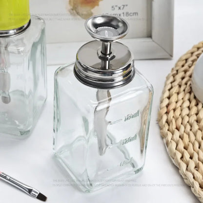 Glass Nail Liquid Pump Bottle 180ml, Empty Press-Top Dispenser for Compatible Manicure Cleansing Liquids and Nail Polish Remover at Home or Salon Stations