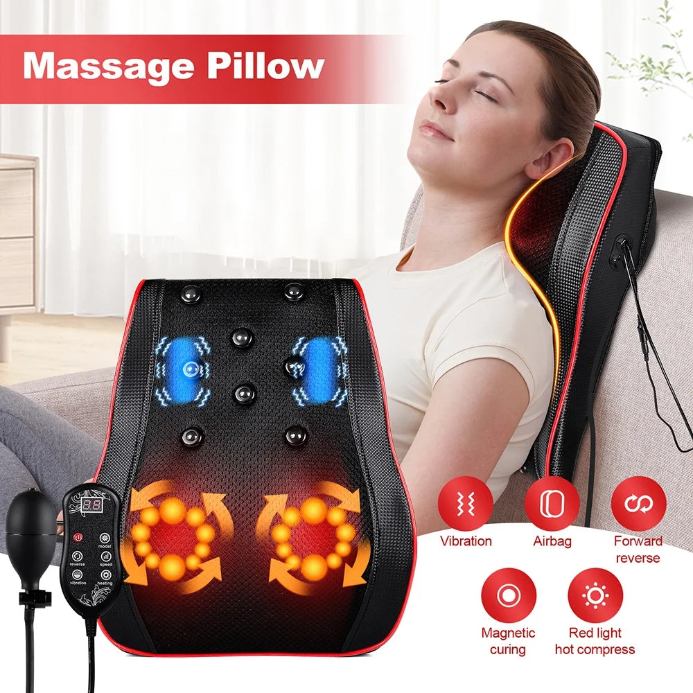 Back and Neck Massage Pillow with Listed 24W Power, PU Surface, One-Button Control and 15-Minute Auto Shutoff, Adapter and Vehicle Cable for Adult Relaxation