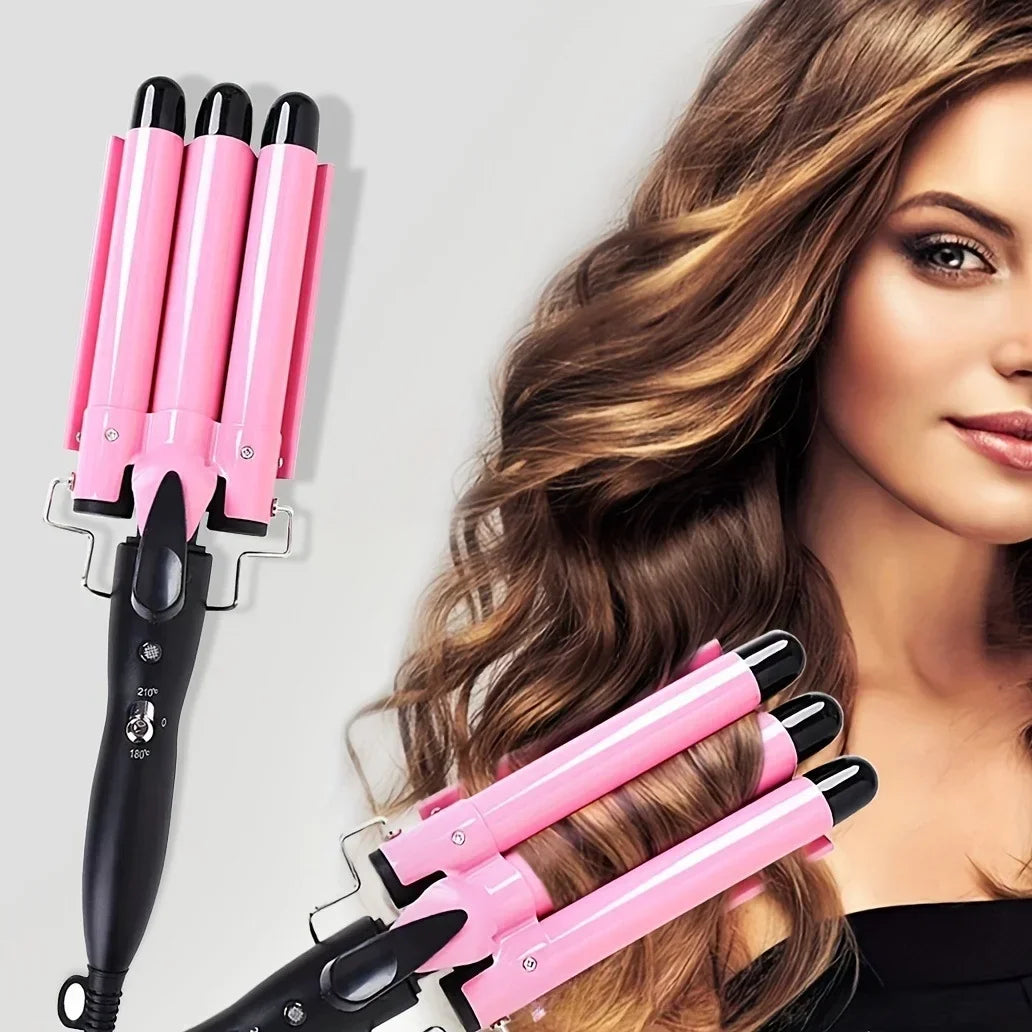 Pink Triple Barrel Hair Waver with 22mm Option Label, Ceramic Curling Iron for Women's At-Home Wave Styling and Evening Looks with US, EU or UK Plug Choices