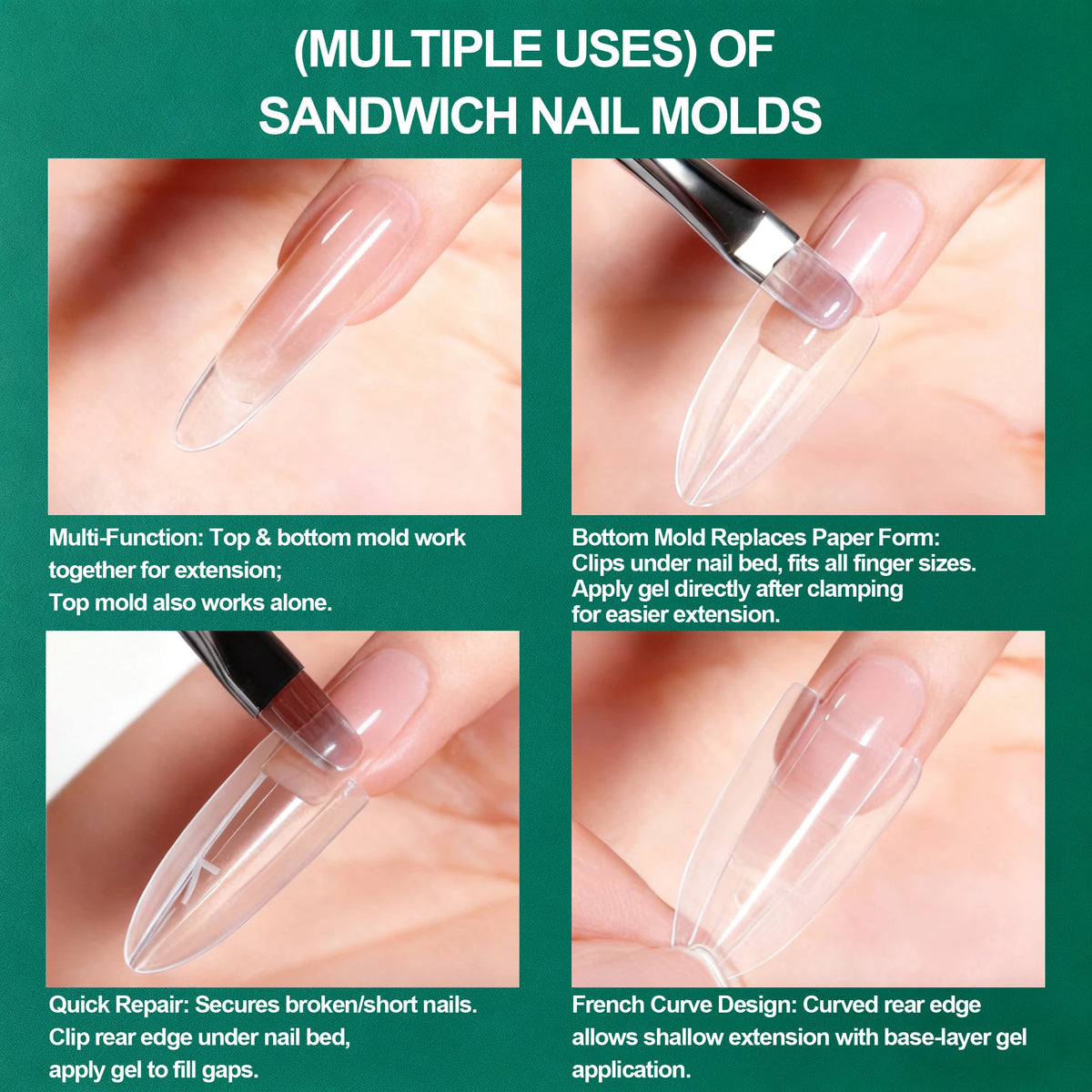 Clear Sandwich Nail Dual Forms by Nailpop with Listed 240-Piece Quantity, Coffin or Oval Options for French Manicure and Builder Gel Nail Extensions