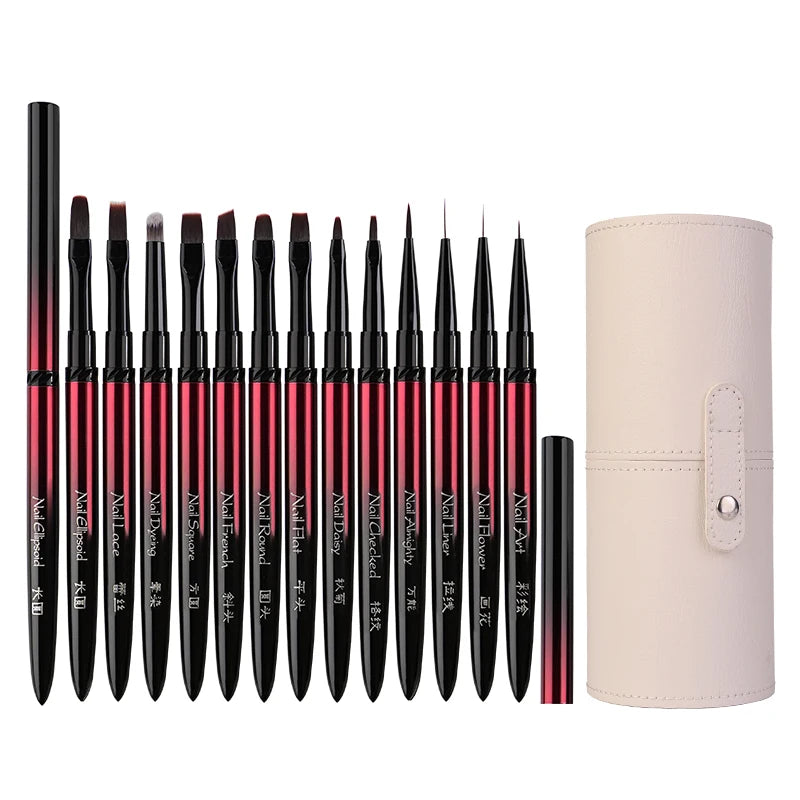 Metal Handle Nail Art Brush Options for Liner, Flower, French and Lace Designs, Individual Brushes, Numbered Bundles or 13-Piece Set with Bucket