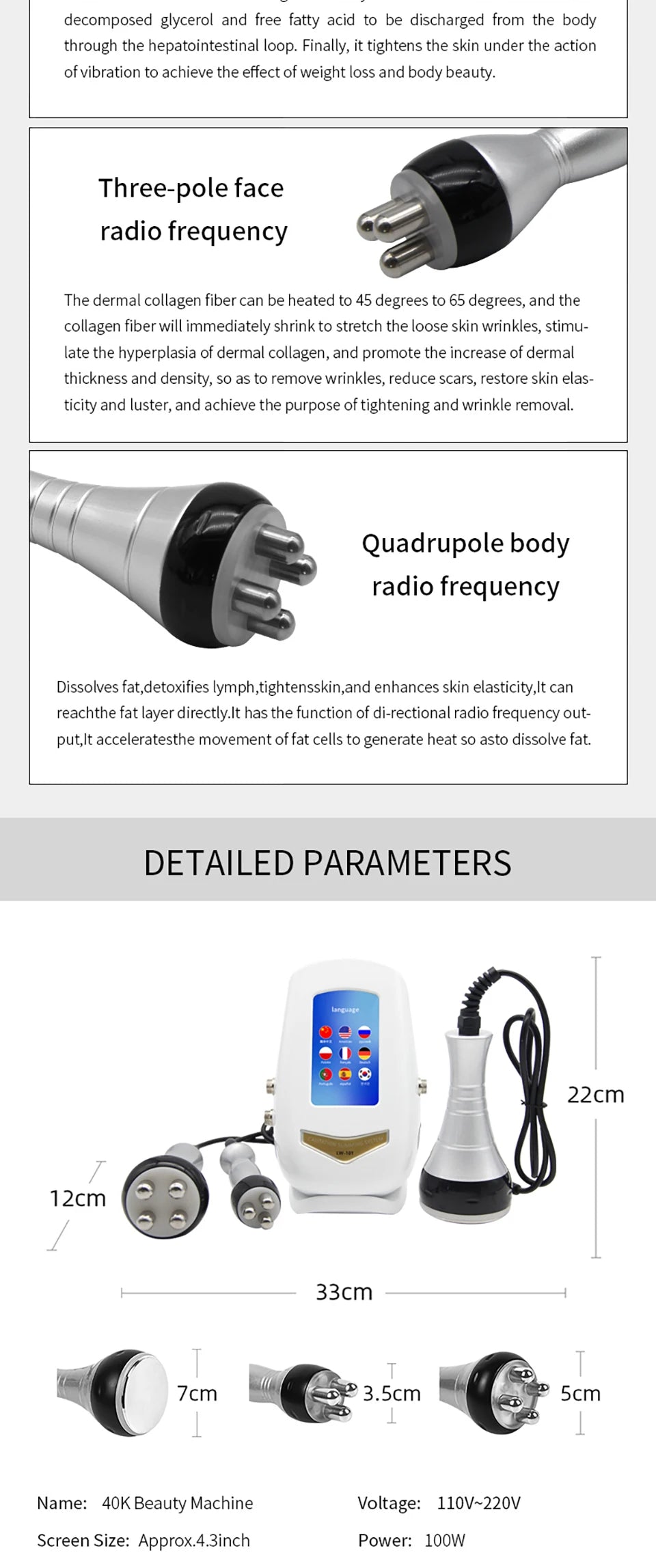 Ultrasonic Cavitation Machine with Three Handles and Radiofrequency Functions, ABS Beauty Device with 110V US or 220V Regional Plug Options