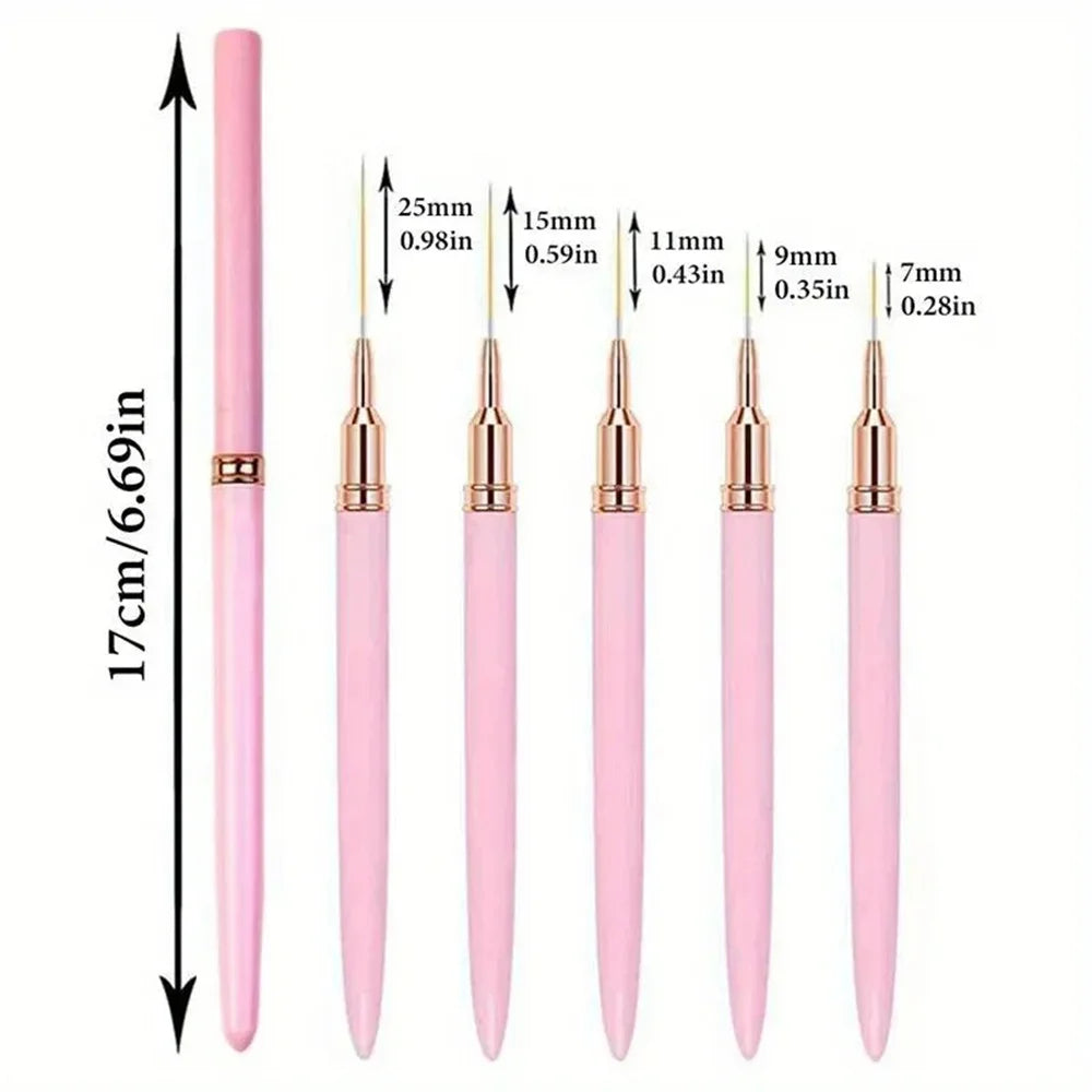 Fine-Line Nail Art Brush Set, 5 Nylon Striping Brushes in 7, 9, 11, 15 and 25mm Sizes for Gel Painting, Floral Designs and DIY Manicure