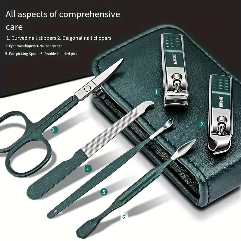 Nail Clipper Manicure Set with Six-Piece Option Labels, Nail Scissors and Clipper References, Black or Green Personal Grooming Kit for Home and Travel