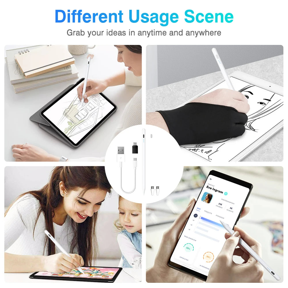Active Capacitive Stylus Pen with USB-C Charging, Replaceable POM Tip and Battery Display in Six Colors for Compatible Tablet and Phone Writing