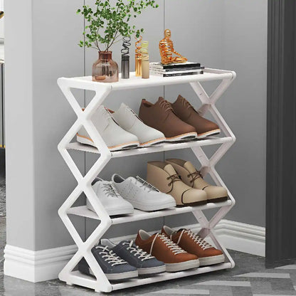 Four-Tier X-Frame Shoe Rack with Steel Tubes and Cloth Shelves, Compact Tool-Free Footwear Organizer for Entryways, Dorm Rooms and Bedroom Storage