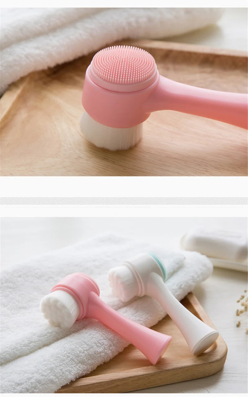 Facial Cleansing Brush, Double-Sided Manual Face Wash Tool with Handle, Silicone and Plastic Construction, Listed 13 x 6 cm Size in Pink or Blue