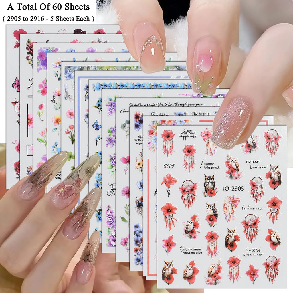 Flower Nail Stickers with Butterfly, Rose, Lavender and Clover Designs, Self-Adhesive 3D Nail Art Decals in 3 to 60 Sheet Options for DIY Manicures
