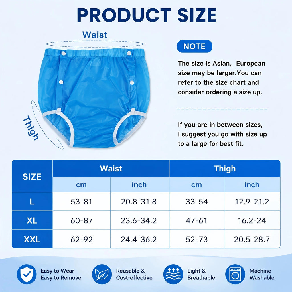 Side-Snap Adult Diaper Cover, Washable Reusable TPU Waterproof Overpants for Use with Disposable Diapers, L XL XXL Sizes and Five Finish Options