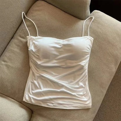 Women's Fixed Pad Crop Top with Thin Straps, Sleeveless Polyester Casual Tank in Red, Black, White or Grey, One Size for Layering and Going-Out Outfits