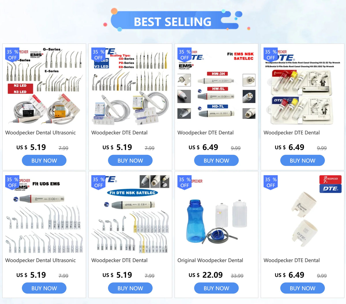 Ultrasonic Scaler Handpiece and Tip Options by Woodpecker, HW-5L LED Handpiece or P, E and G Series Tips for Compatible Dental Equipment