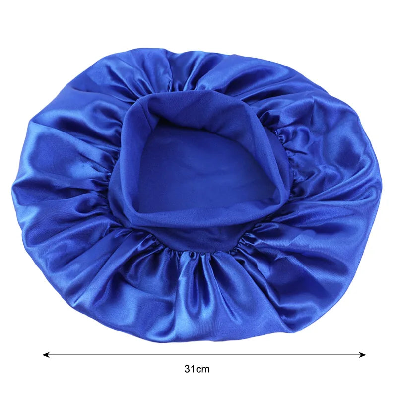 Wide Band Satin Sleep Bonnet with Listed Elastic Hair Wrap Design, Polyester Material Reference and Twenty-Eight Color Labels for Adult Nighttime Hair Styling