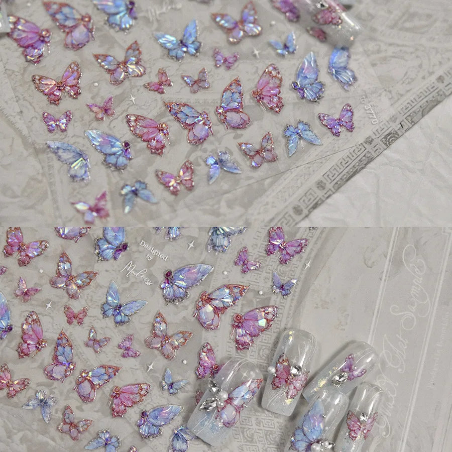 Butterfly 5D Nail Art Stickers, Kawaii Japanese-Inspired Glitter Shell Aurora Style Manicure Decals in Four Design Options for DIY Nail Decoration
