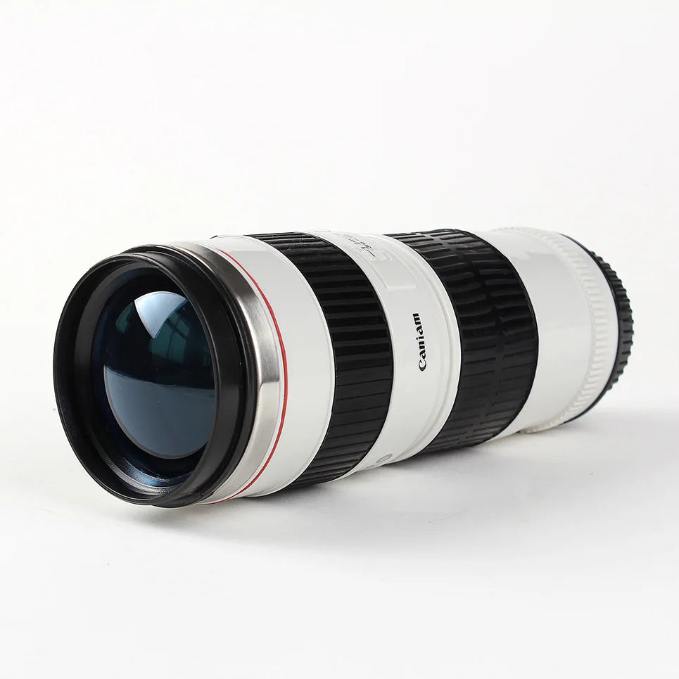 Camera Lens Coffee Mug, Photography-Themed Reusable Novelty Cup in Black 400ml or White 450ml Labeled Options for Home Desks and Photographer Gift Ideas