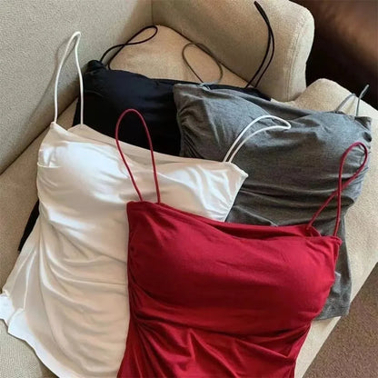 Women's Fixed Pad Crop Top with Thin Straps, Sleeveless Polyester Casual Tank in Red, Black, White or Grey, One Size for Layering and Going-Out Outfits
