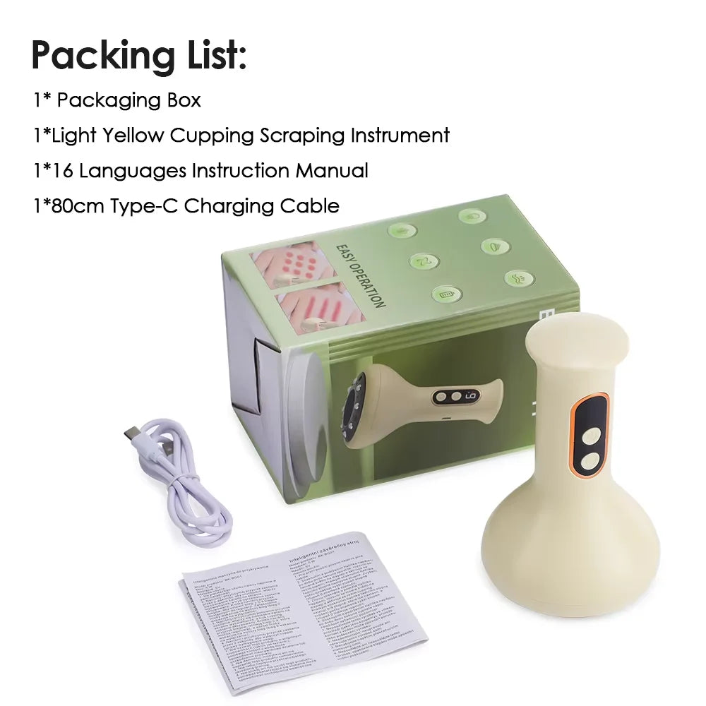 Electric Cupping Gua Sha Massager BK-BG01 with Listed Nine Suction Levels, Heating Base and Eight Steel Beads, USB-C Rechargeable Light Yellow Personal Care Device