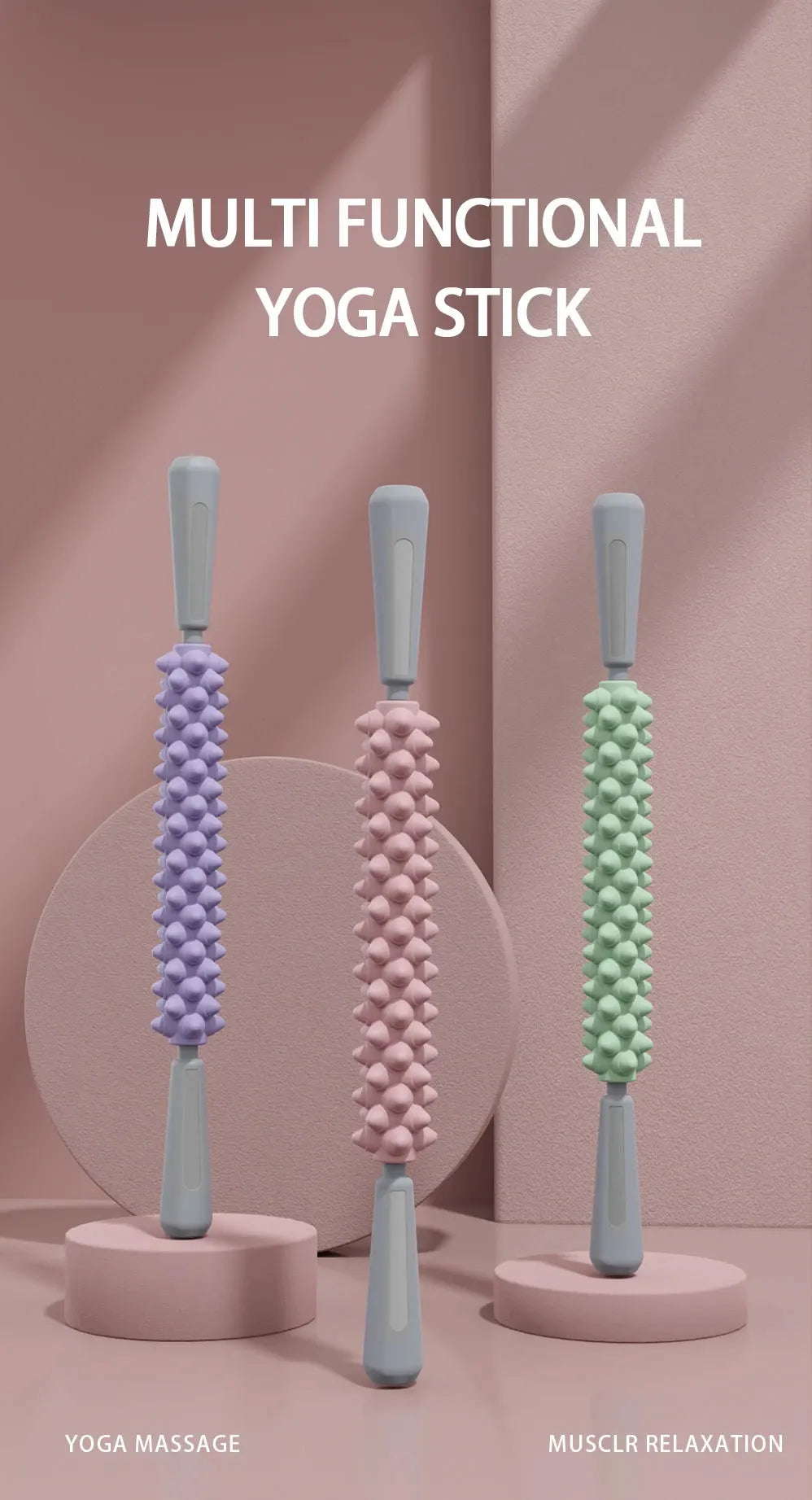 Yoga Massage Stick with Wolf-Teeth Texture Reference for Adult Calf, Thigh and Forearm Massage, Pink, Purple or Green and Two-Piece Option Labels