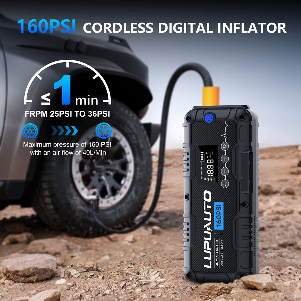 Car Jump Starter with Air Compressor and LED Light, 4000A Labeled Four-in-One Portable Unit with Power Bank Function and Listed 160 PSI Maximum Pressure