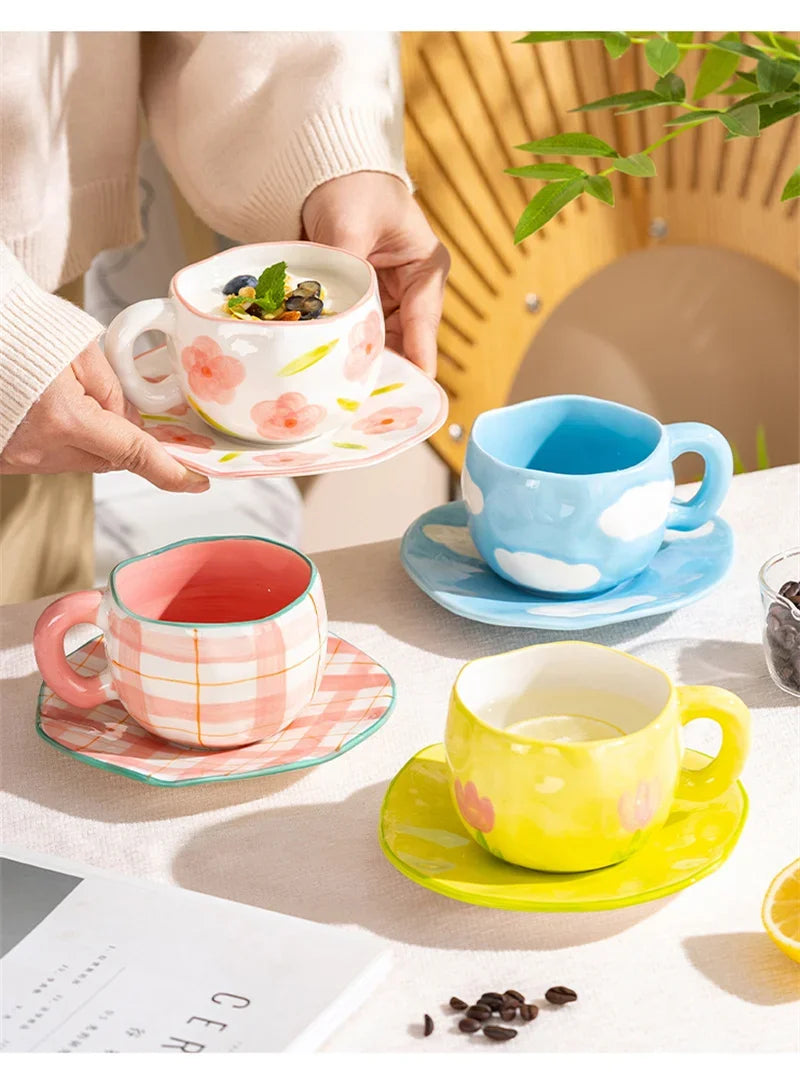 Hand-Painted Ceramic Mug with Irregular Korean-Style Shape and Floral, Heart or Playful Pattern Options for Breakfast Coffee and Afternoon Tea, Cup Only