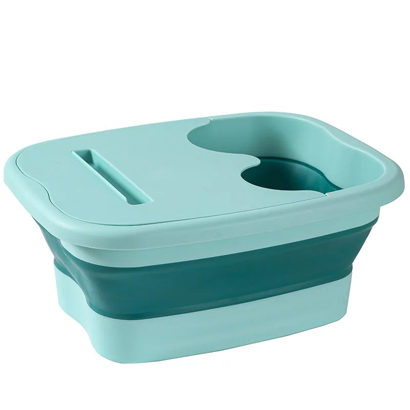 Collapsible Foot Bath Bucket in Green with Raised Circular Massage Dots and Listed Lid, Foldable Soaking Basin in No-Plug Option for Home Foot-Care Routines