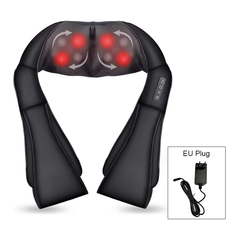 U-Shape Neck and Shoulder Massager with Heat and Reversible Shiatsu-Style Kneading, Four-Button Black or Black Gray Styles with US or EU Plug Options for Adult Relaxation
