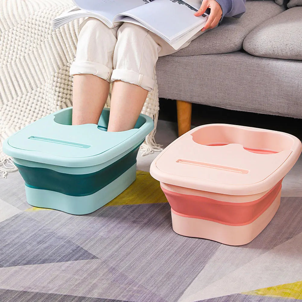Collapsible Foot Soak Bucket in Green with Raised Massage Dots, Listed 40 x 32 x 17cm PP TPR Basin and With or Without Lid Options for Home Foot Care