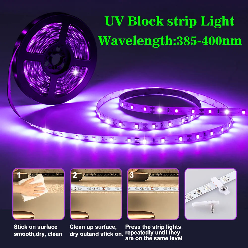 Blacklight LED Strip with 5V USB Power and Listed 60 LEDs per Meter, Eleven Length Options for Fluorescent Posters, Party Decorations and Indoor Glow Displays