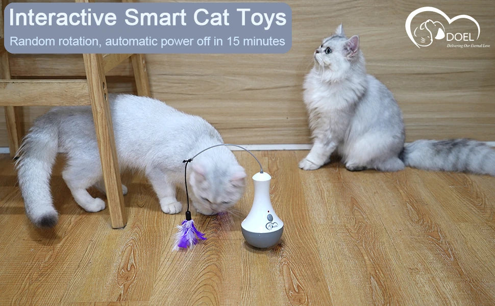Automatic Feather Cat Toy by DOEL with 360-Degree Random Rotation, Two Interchangeable Feathers and 15-Minute Auto Shutoff for Supervised Indoor Play, White