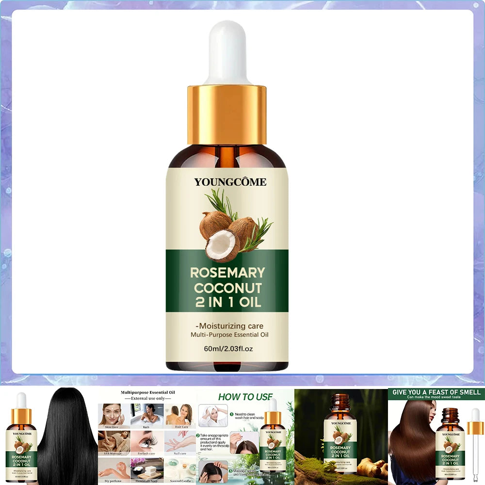 Rosemary Hair Oil with Coconut Oil Reference, 40ml Single, 60ml Single or Three-Piece 60ml Options for Label-Guided Cosmetic Hair and Scalp Care Routines