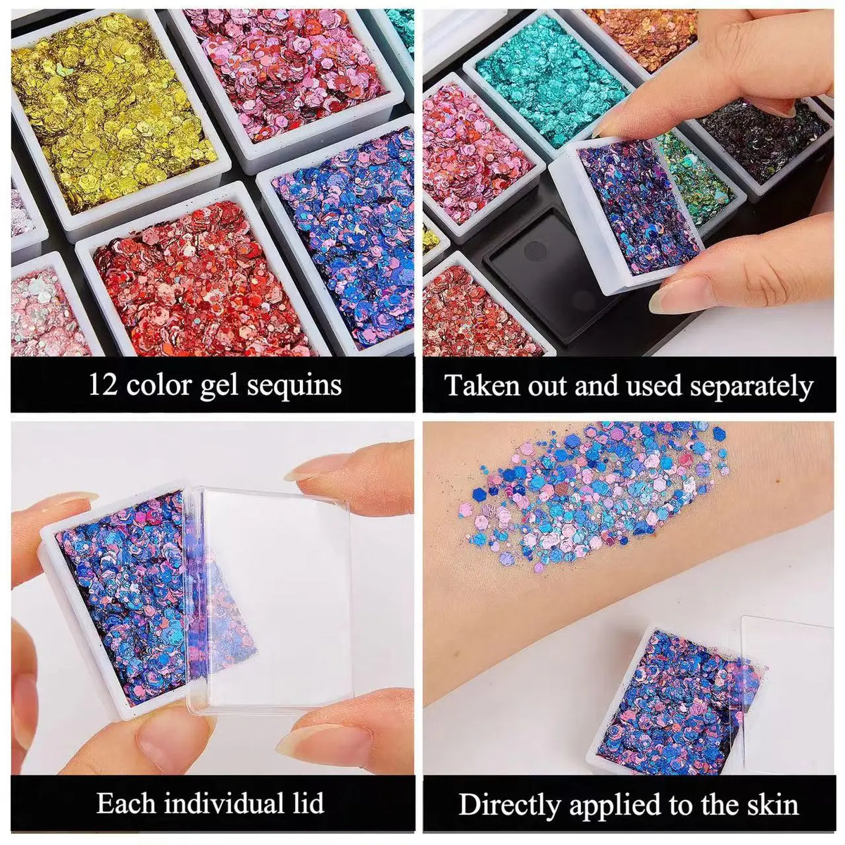 Glitter Gel Makeup Palette Options for Face and Body Art, Twelve Coded Selections with Sequin and Holographic References for Festival, Carnival and Stage Looks