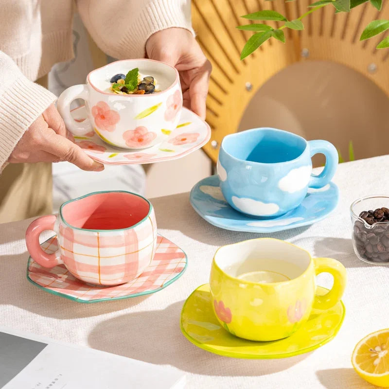 Hand-Painted Ceramic Mug with Irregular Korean-Style Shape and Floral, Heart or Playful Pattern Options for Breakfast Coffee and Afternoon Tea, Cup Only