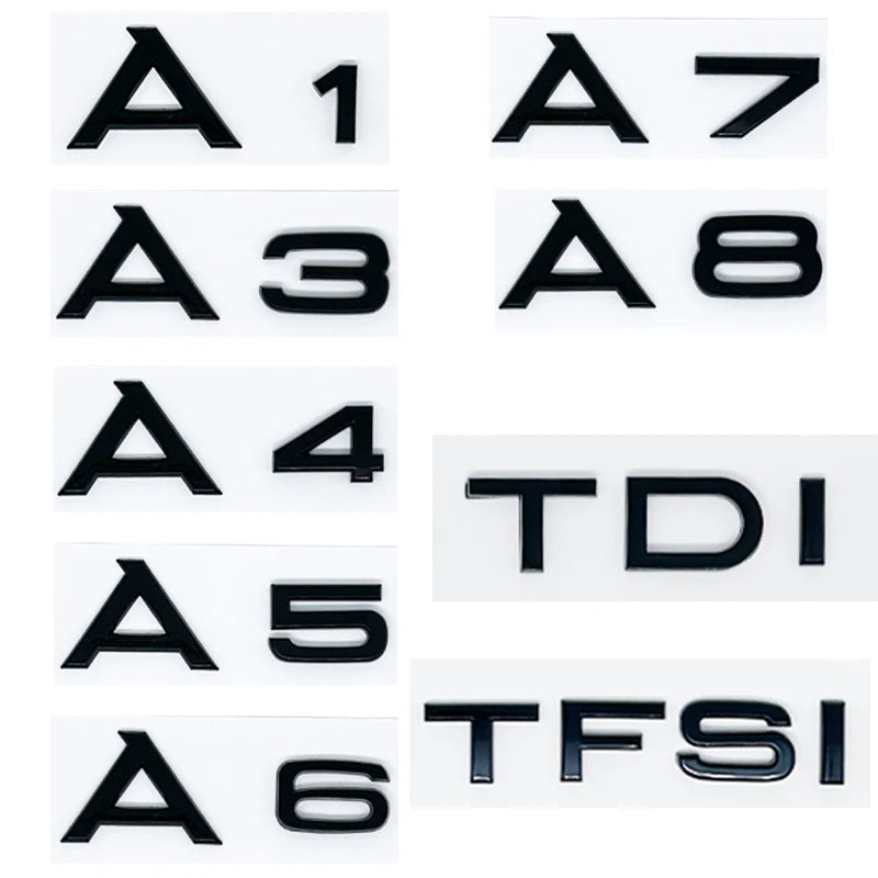 Car Letter Badge Emblem in 3D ABS, Silver or Glossy Black with A1, A3, A4, A5, A6, A7, A8, TDI and TFSI Options for Compatible Trunk and Fender Decoration
