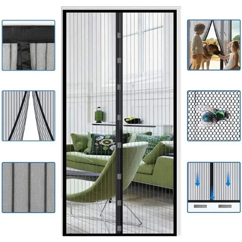 Magnetic Mesh Door Curtain with No-Drill Hook-and-Loop Mounting, Polyester Insect Screen in Black or White, 90 x 210 cm and 100 x 210 cm for Home Ventilation