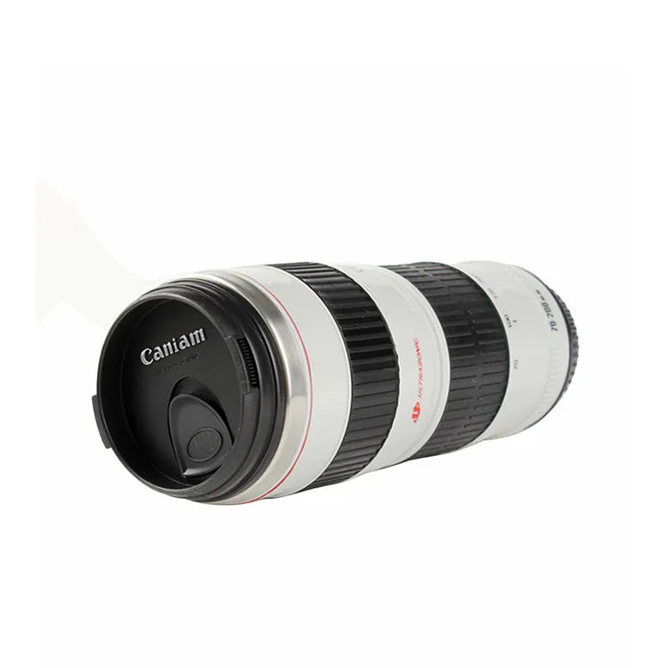 Camera Lens Coffee Mug, Photography-Themed Reusable Novelty Cup in Black 400ml or White 450ml Labeled Options for Home Desks and Photographer Gift Ideas