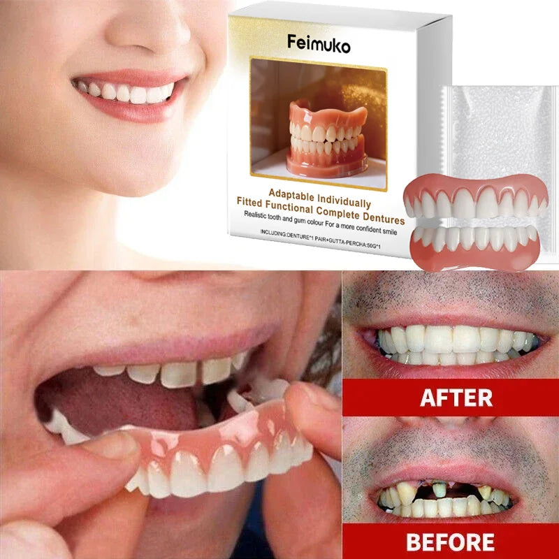 Cosmetic Denture-Style Teeth Cover Kit with Single-Piece and Multi-Item Purchase Labels, Material and Fit Details Requiring Professional Dental Review Before Use