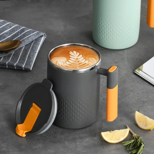 450ml Double Wall Coffee Mug with Handle and Lid, Listed 304 Stainless Steel Drinking Cup in A, B or C Options for Home Coffee, Tea and Office Breaks