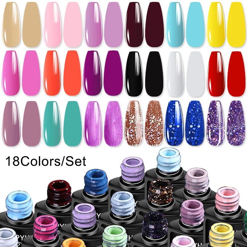 Gel Polish and Poly Extension Nail Kit by LNWPYH with 18 Polish Colors, Nine Extension Colors, Base and Top Coats, UV LED Lamp and Drill for Adult Manicures