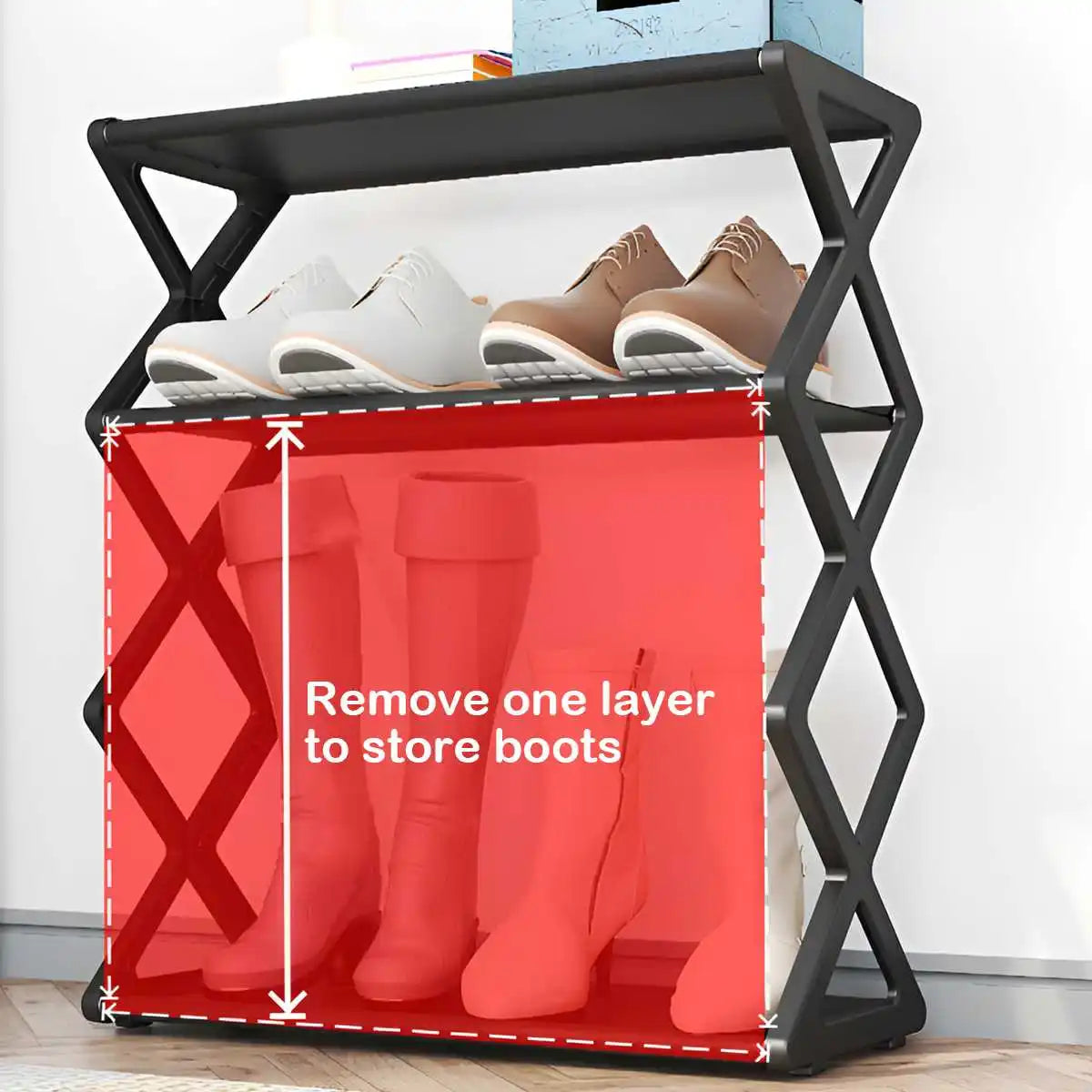 Four-Tier X-Frame Shoe Rack with Steel Tubes and Cloth Shelves, Compact Tool-Free Footwear Organizer for Entryways, Dorm Rooms and Bedroom Storage