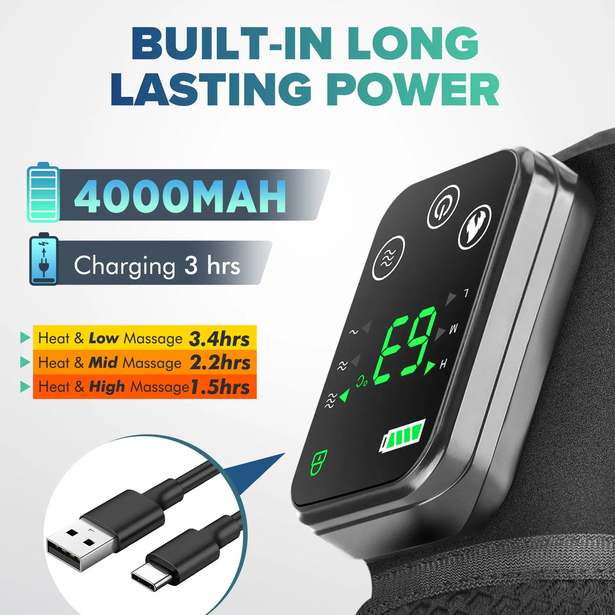 Rechargeable Heated Knee Wrap with Vibration, Listed 4000mAh Battery, Three Heat and Three Massage Levels with Straps for Knee, Shoulder or Elbow Use