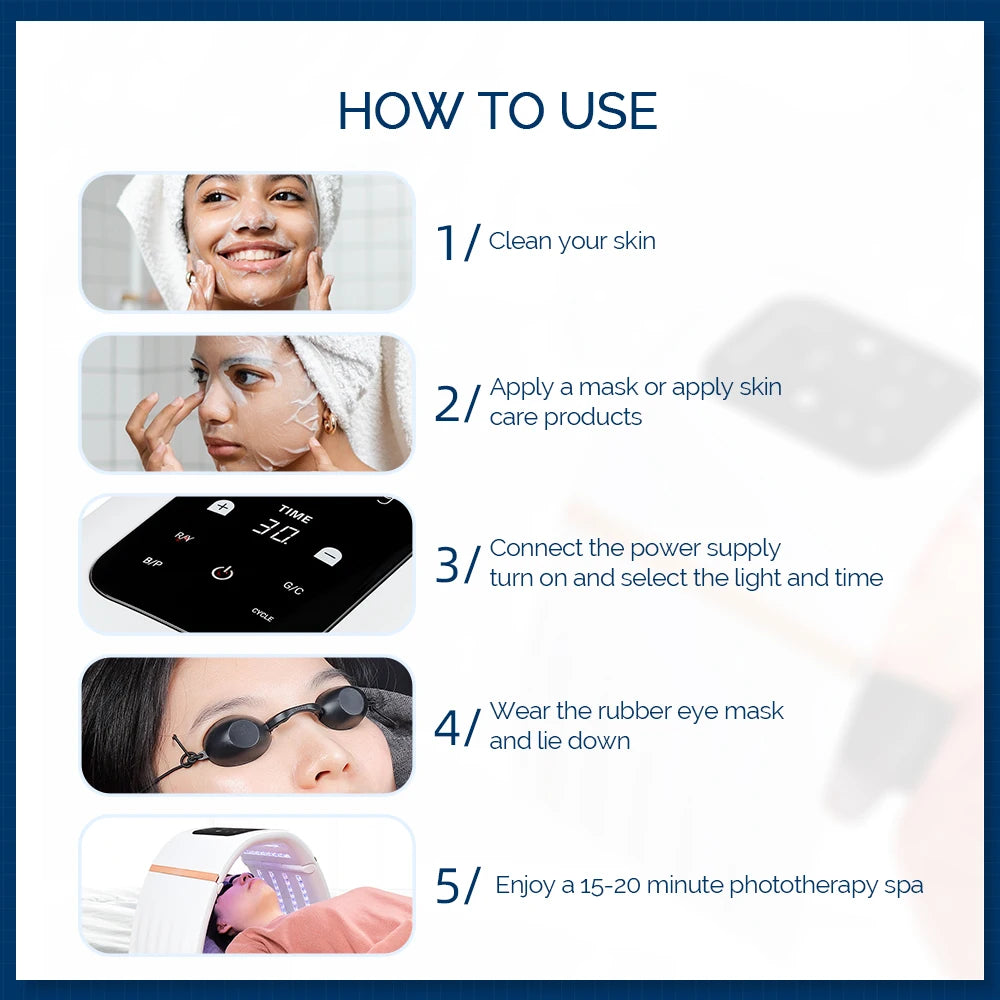LED Beauty Light Machine with Foldable Face and Body Design, Seven Color and Heating Model References, Eye Protection and Regional Plug Options