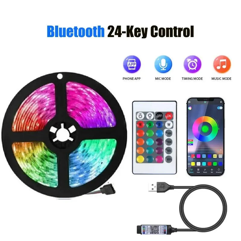 USB 5V TV Backlight Strip with RGB Flexible Tape, Bluetooth App and 24-Key Remote Control, Nine Length Options from 1m to 30m for Indoor Accent Lighting