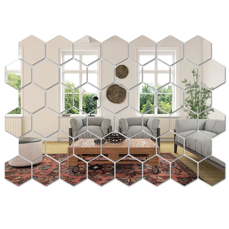 Hexagon Mirror Wall Stickers, 45-Piece Decorative Tile Set for DIY Geometric Wall Art Arrangements in Compatible Living Room, Bedroom and Entryway Spaces
