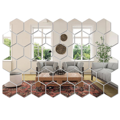 Hexagon Mirror Wall Stickers, 45-Piece Decorative Tile Set for DIY Geometric Wall Art Arrangements in Compatible Living Room, Bedroom and Entryway Spaces