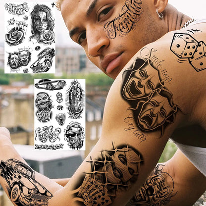 Chicano Temporary Tattoos, 6 Sheets of Chicana and Guadalupe Inspired Body Art for Adult Men and Women, Halloween and Day of the Dead Styling