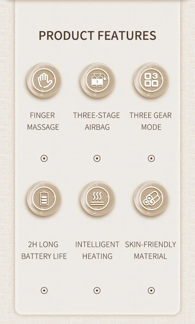 Air Compression Hand Massager with 13 TPU Airbags, Three Modes and Five Pressure Levels, Gray Wireless Heated Device for Adult Palm and Finger Relaxation