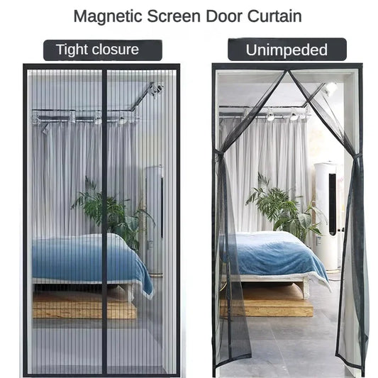 Magnetic Mesh Door Curtain with No-Drill Hook-and-Loop Mounting, Polyester Insect Screen in Black or White, 90 x 210 cm and 100 x 210 cm for Home Ventilation